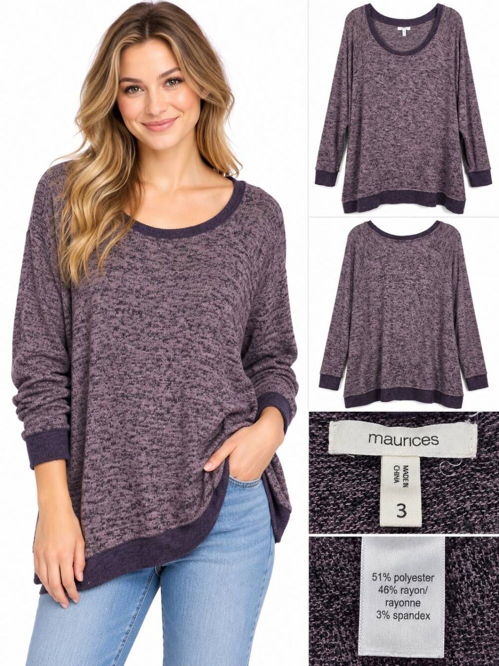 Maurices 3 Purple Marled Oversized Scoop Neck Sweater